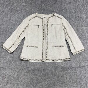 Chicos Jacket Womens 0 Beige Linen Viscose Embellished Zip Pockets Trim Boho
